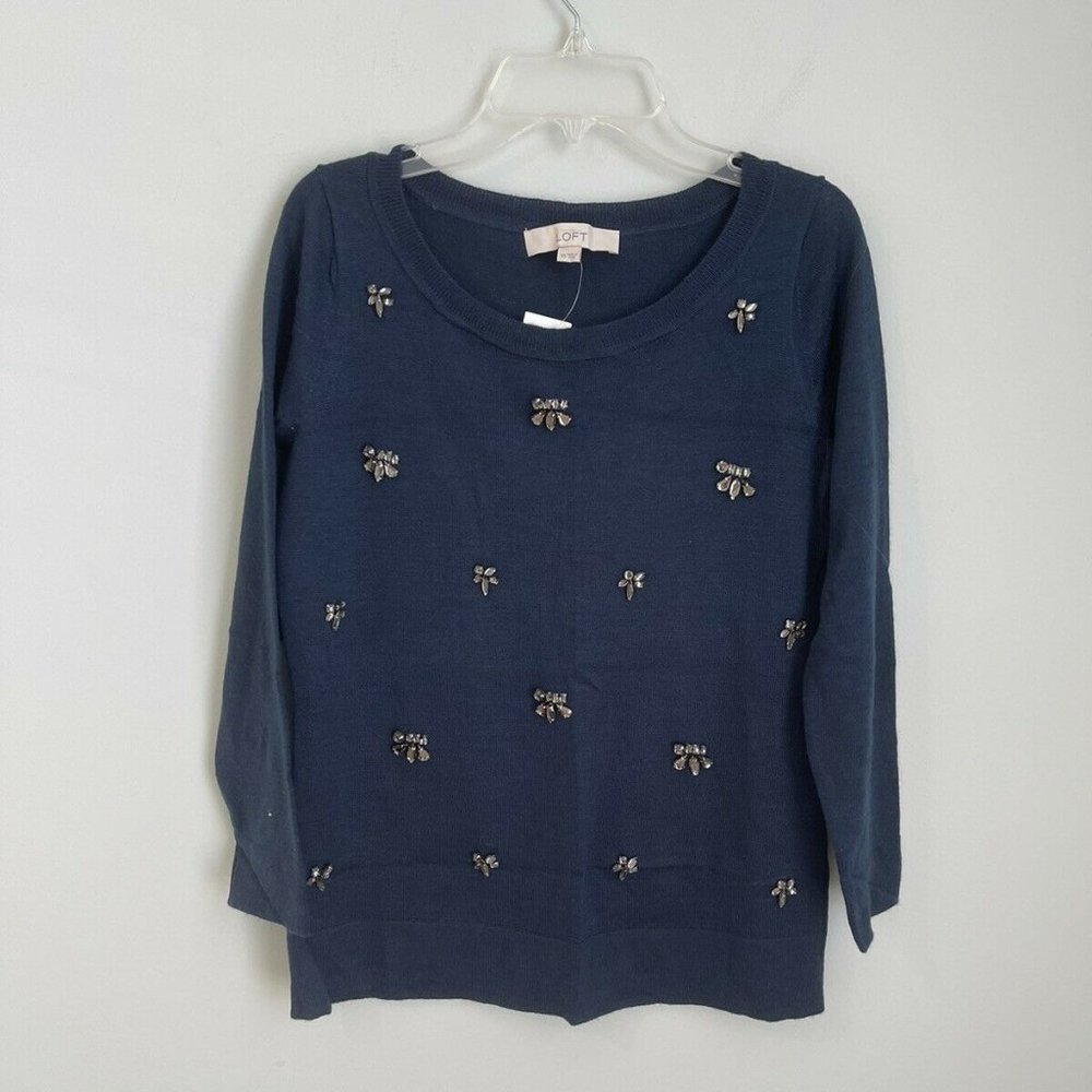 New LOFT Blue Embellished Gems Wool Blend 3/4 Sleeve Sweater